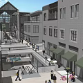 Modern Commercial Street With Pedestrians Strolling Shops Green Plants And Vibrant Atmosphere