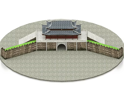 Traditional Ancient Chinese Architecture With Curved Eaves Roof Arched Gate Stone Walls And Greenery 3d model