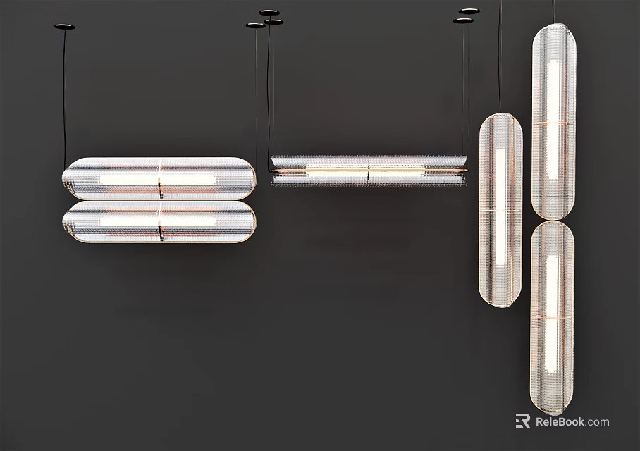 Modern Elongated Glass Chandeliers Hanging In Multiple Designs On Dark Background 3d model 