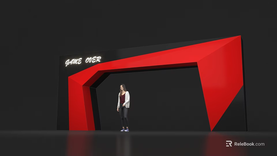 Red And Black Geometric Archway With Game Over Text And Person Standing 3d model 