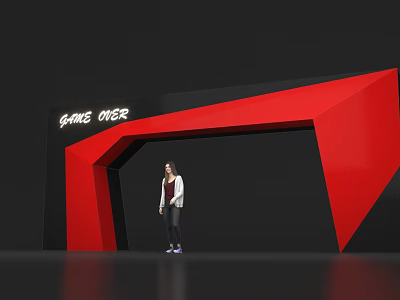 Red And Black Geometric Archway With Game Over Text And Person Standing 3d model