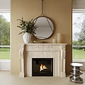 Elegant Marble Fireplace with Carved Design Round Mirror White Vase Greenery Windows and Lawn View