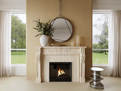 Elegant Marble Fireplace with Carved Design Round Mirror White Vase Greenery Windows and Lawn View 3d model