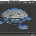 Futuristic Disc Shaped Spaceship Structure With Multiple Circular Sections And Lights 3d model