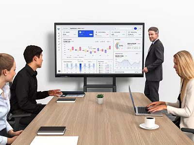 Team of Business Professionals in Conference Room Discussing Data Charts on Digital Screen 3d model