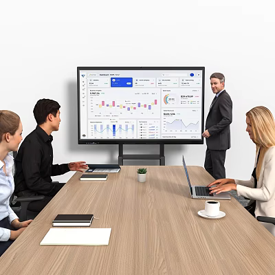 Team of Business Professionals in Conference Room Discussing Data Charts on Digital Screen 3d model