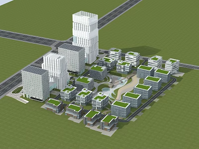 Modern Office Building Complex With Green Roofs And Surrounding Green Space 3d model