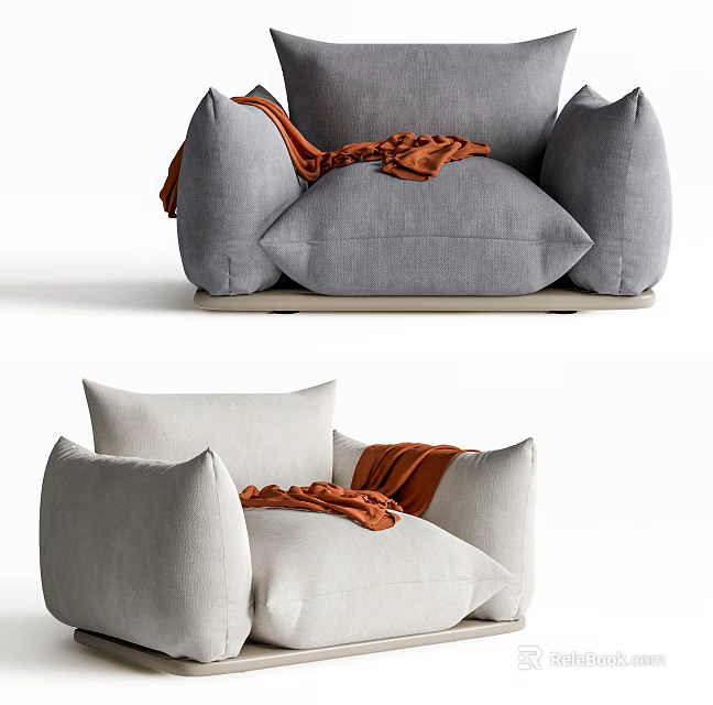 Stylish Gray and Beige Single Sofa with Orange Blanket for Cozy Living Space Design 3d model 