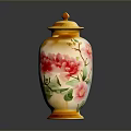 Hand Carved Ceramic Vase With Yellow Lid And Red Pink Floral Patterns