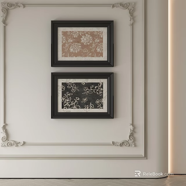 Abstract Paintings With Black Frames Hanging On Light Colored Wall With Decorative Lines 3d model