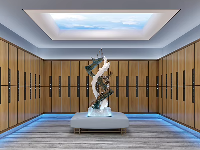 SPA Sauna Interior Design With Wooden Lockers Skylight Central Sculpture And Bench 3d model