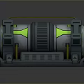 Gray Industrial Mechanical Device Featuring Green Illuminated Accents Yellow Stripes And Support Structure
