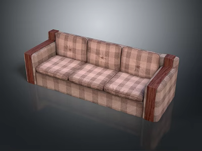 Modern Three Seater Sofa with Plaid Fabric Upholstery and Wooden Armrests 3d model
