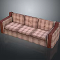 Modern Three Seater Sofa with Plaid Fabric Upholstery and Wooden Armrests