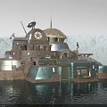 Future Architecture Water Based Dome Structure With Metallic Exterior And Mountain Backdrop