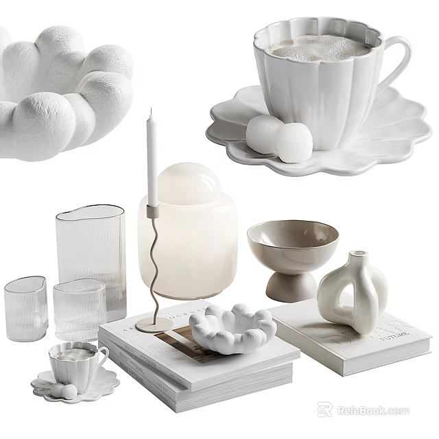 White Decorative Ornament Set With Ceramic Cups Plates Candle Holders Vases Bowls And Glassware 3d model 
