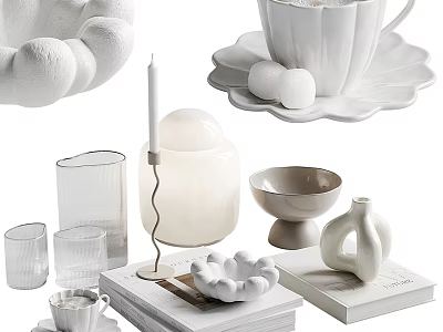 White Decorative Ornament Set With Ceramic Cups Plates Candle Holders Vases Bowls And Glassware 3d model