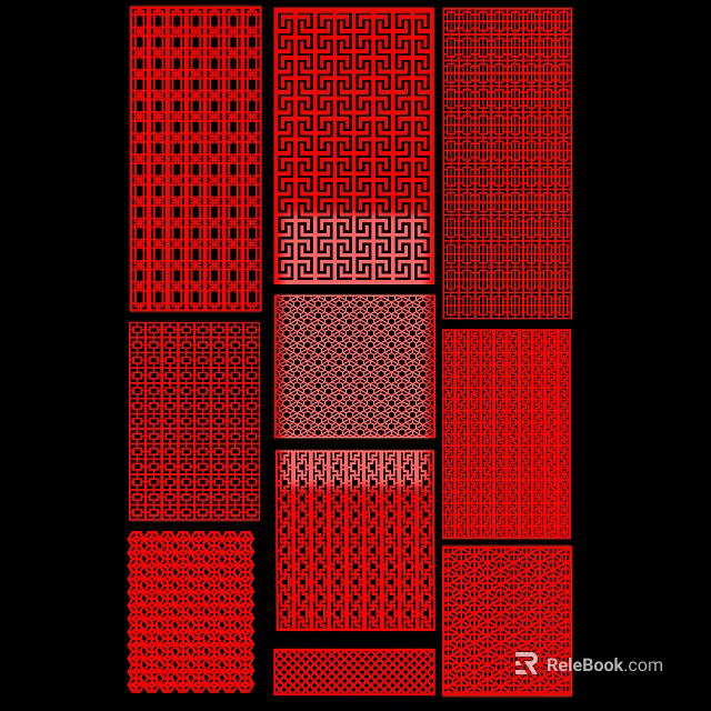 Red Decorative Carved Patterns With Various Geometric Designs On Black Background 3d model