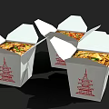 Delicious Noodles with Vegetables in Open Takeout Boxes Featuring Red Pagoda Design on White Containers