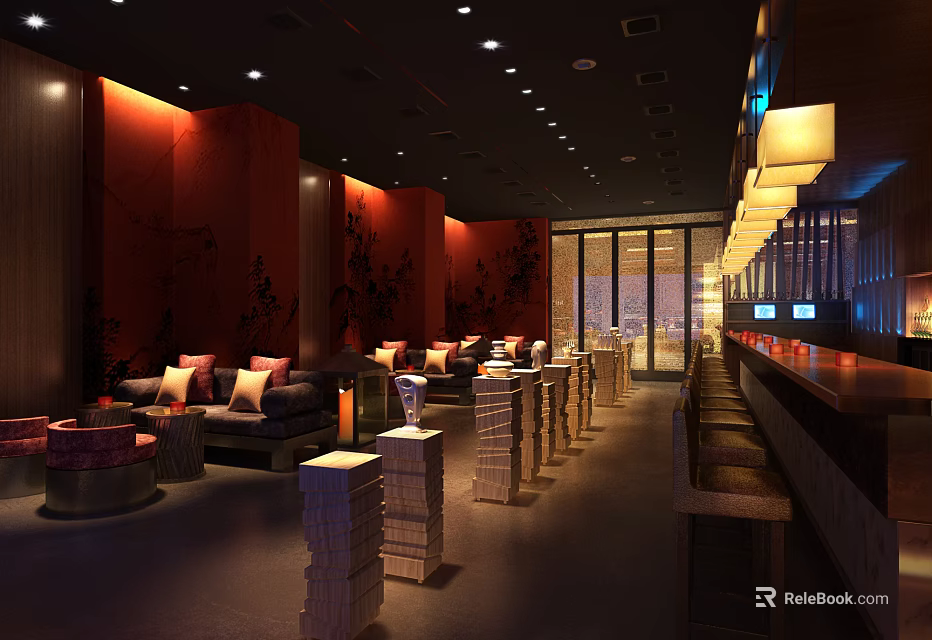 Modern Bar Interior Featuring Red Walls Warm Lighting Bar Counter And Cozy Seating 3d model 