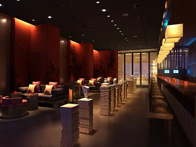 Modern Bar Interior Featuring Red Walls Warm Lighting Bar Counter And Cozy Seating 3d model