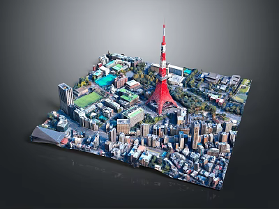 Modern Urban Buildings Surrounding Tokyo Tower In Detailed Miniature City Model 3d model