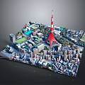 Modern Urban Buildings Surrounding Tokyo Tower In Detailed Miniature City Model