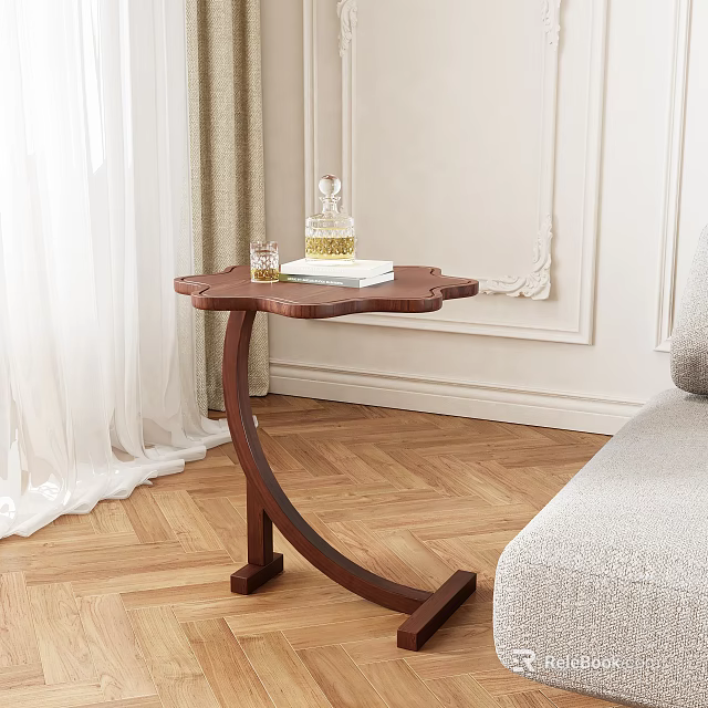 Petal Shaped Top Wooden Side Table By Light Gray Sofa On Herringbone Floor 3d model 