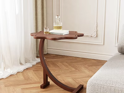 Petal Shaped Top Wooden Side Table By Light Gray Sofa On Herringbone Floor 3d model