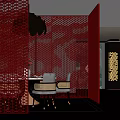 Stylish Restaurant Interior With Red Perforated Walls Black Chandelier And Dining Table