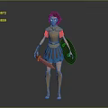 Warrior Game and Movie Female Character With Blue Armor Golden Details Sword and Shield