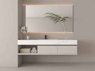 Modern Bathroom Vanity Interior Design With Backlit Mirror Fern Plant And Rolled Towels 3d model