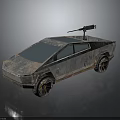 Rusty Futuristic Armored Car With Blue Roof And Roof Mounted Weapon