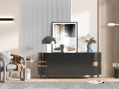 Elegant Modern Black Console Table With Golden Accents Decorative Lamp Vase And Artwork 3d model