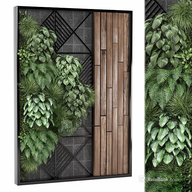 Modern Vertical Green Plant Wall Design With Lush Foliage And Natural Wood Accents 3d model 
