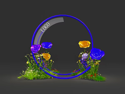 Decorative Blue Circle With LOGO Text Surrounded By Purple Blue Yellow Flowers And Green Grass 3d model