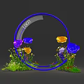 Decorative Blue Circle With LOGO Text Surrounded By Purple Blue Yellow Flowers And Green Grass 3d model