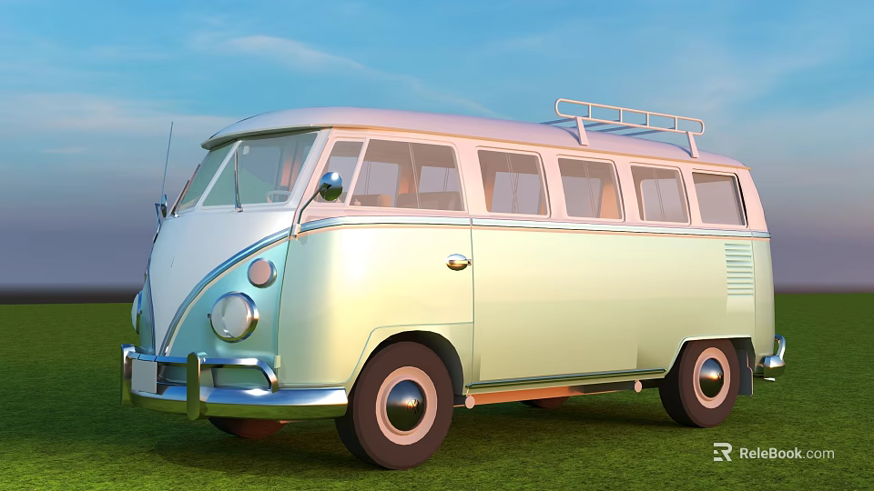 Light Green Vintage Bus With Roof Rack Parked On Green Grass Under Blue Sky 3d model 