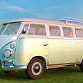 Light Green Vintage Bus With Roof Rack Parked On Green Grass Under Blue Sky