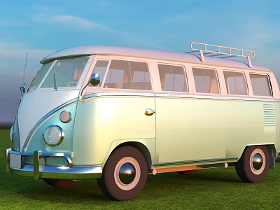 Light Green Vintage Bus With Roof Rack Parked On Green Grass Under Blue Sky 3d model