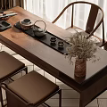 Natural Wooden Tea Table and Chairs with Tea Set Tray Dried Flowers in Vase Interior