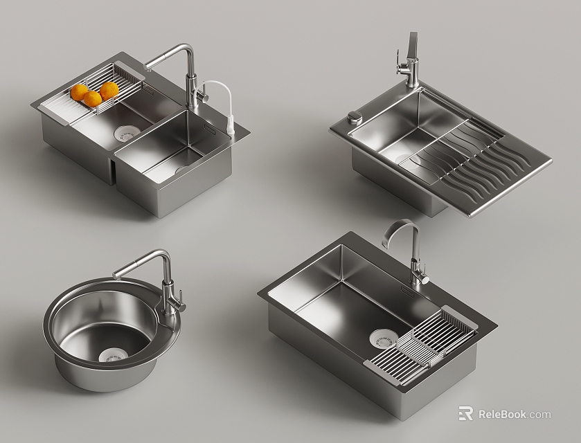 Stainless Steel Kitchen Sinks With Different Designs For Kitchen Use Including Drainboard And Fruit Basket 3d model 