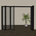 Black Frame Glass Folding Doors Open In Indoor Space With Potted Plant And Wooden Floor