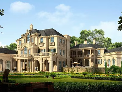 Elegant Classic Single-Family Villa With Balconies Arched Windows Lush Lawn And Landscaped Garden 3d model