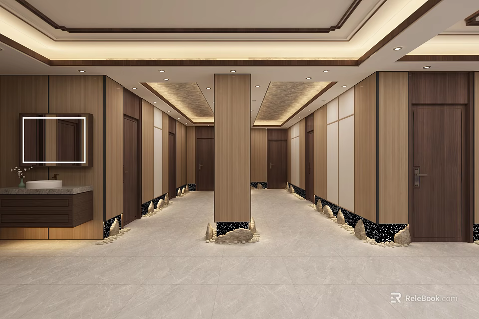 Modern Elevator Hallway Interior With Wooden Doors Marble Floor Columns Recessed Lighting And Mirror 3d model 