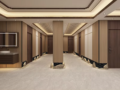 Modern Elevator Hallway Interior With Wooden Doors Marble Floor Columns Recessed Lighting And Mirror 3d model
