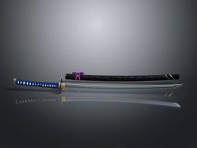 Samurai Sword With Blue Handle Black Scabbard Purple Decoration And Sharp Blade 3d model