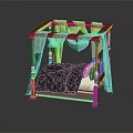 Elegant Four Poster Double Bed With Wooden Frame White Canopy Curtains And Patterned Bedspread