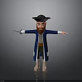 3D Pirate Character Featuring Blue Coat Green Pants Black Hat Beard Outstretched Arms Holding Knife