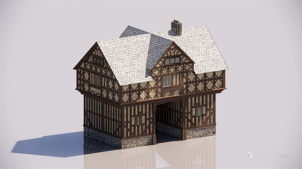 Tudor Style Detached House with Timber Frame Design White Roof and Stone Base 3d model 